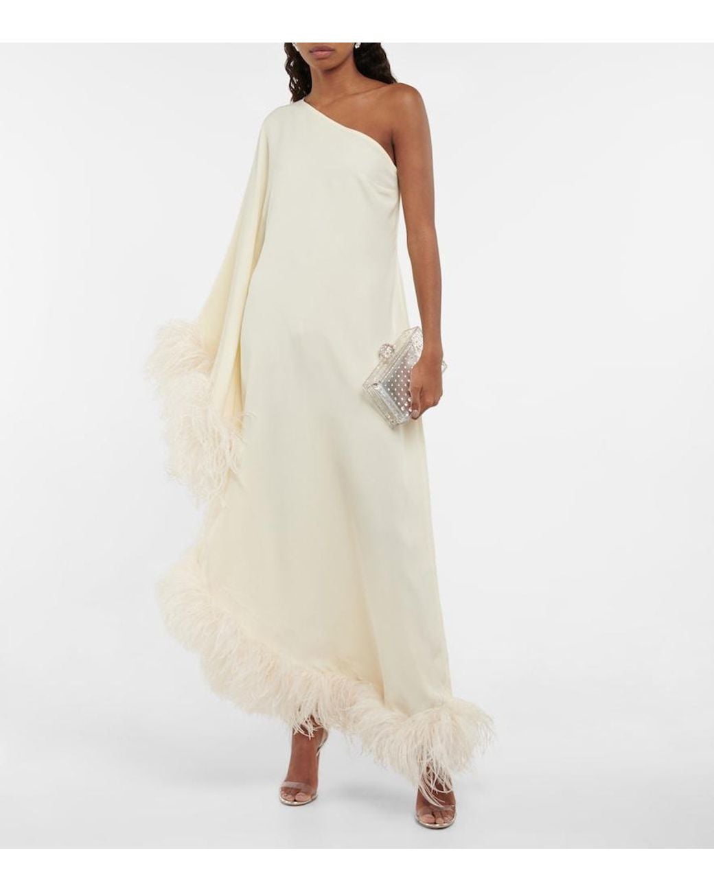 Taller Marmo White Ubud One-Shoulder Feather-Trimmed Crepe Maxi Dress