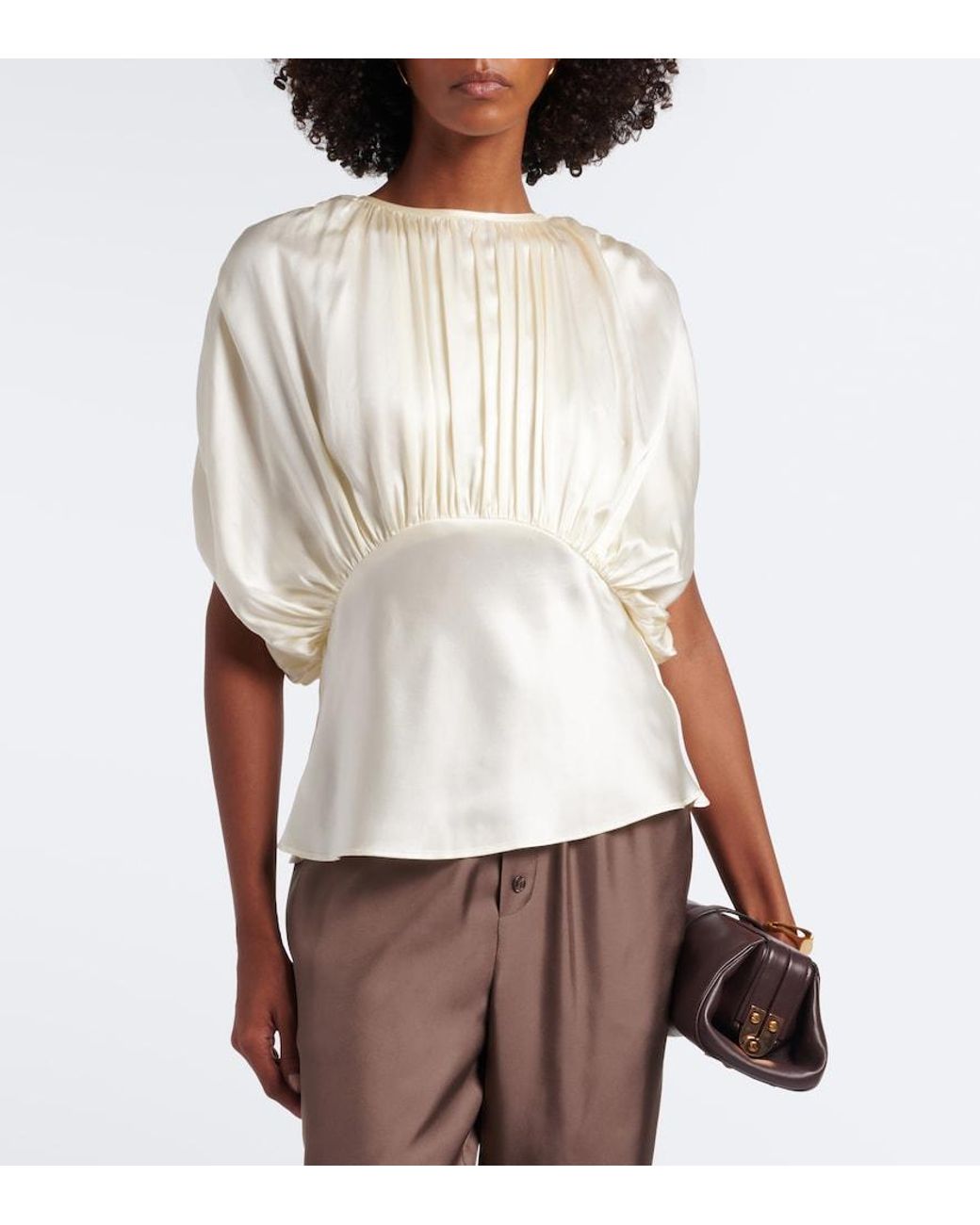 TOVE White Peta Draped Peplum Silk Satin Top