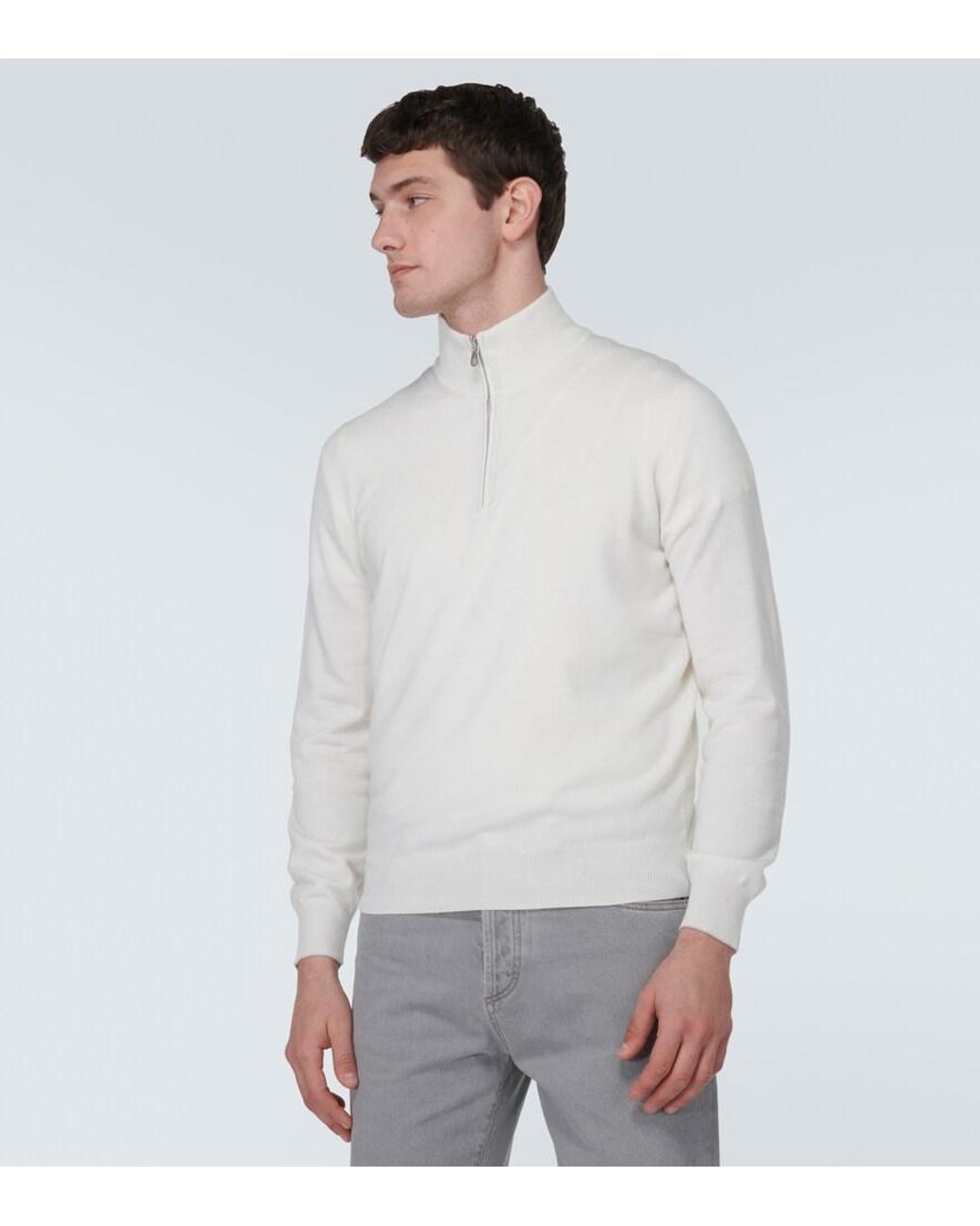 Brunello Cucinelli White Cashmere Half-Zip Sweater for men