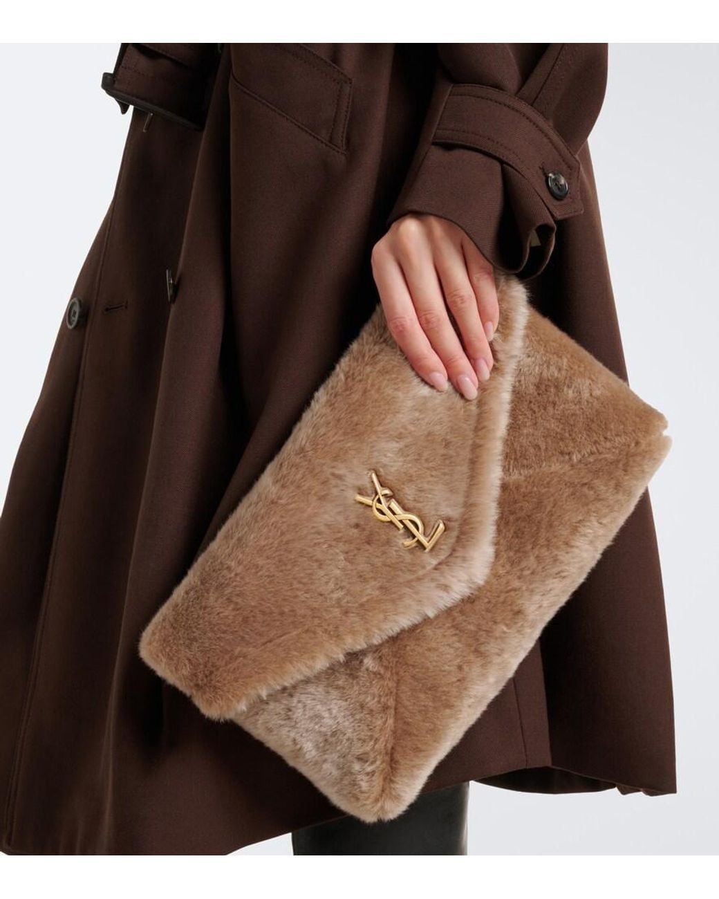 Saint Laurent Natural Cassandre Large Shearling Clutch