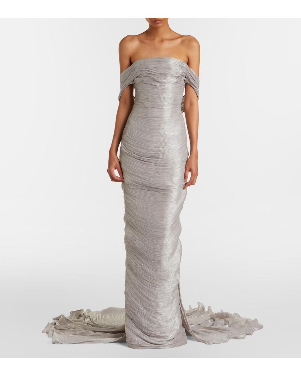 Marmar Halim White Off-Shoulder Pleated Bustier Gown