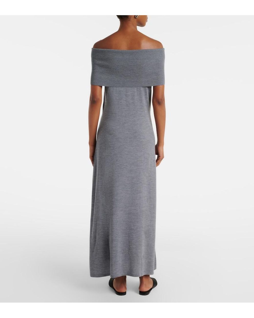 Jardin Des Orangers Gray Off-Shoulder Virgin Wool Maxi Dress