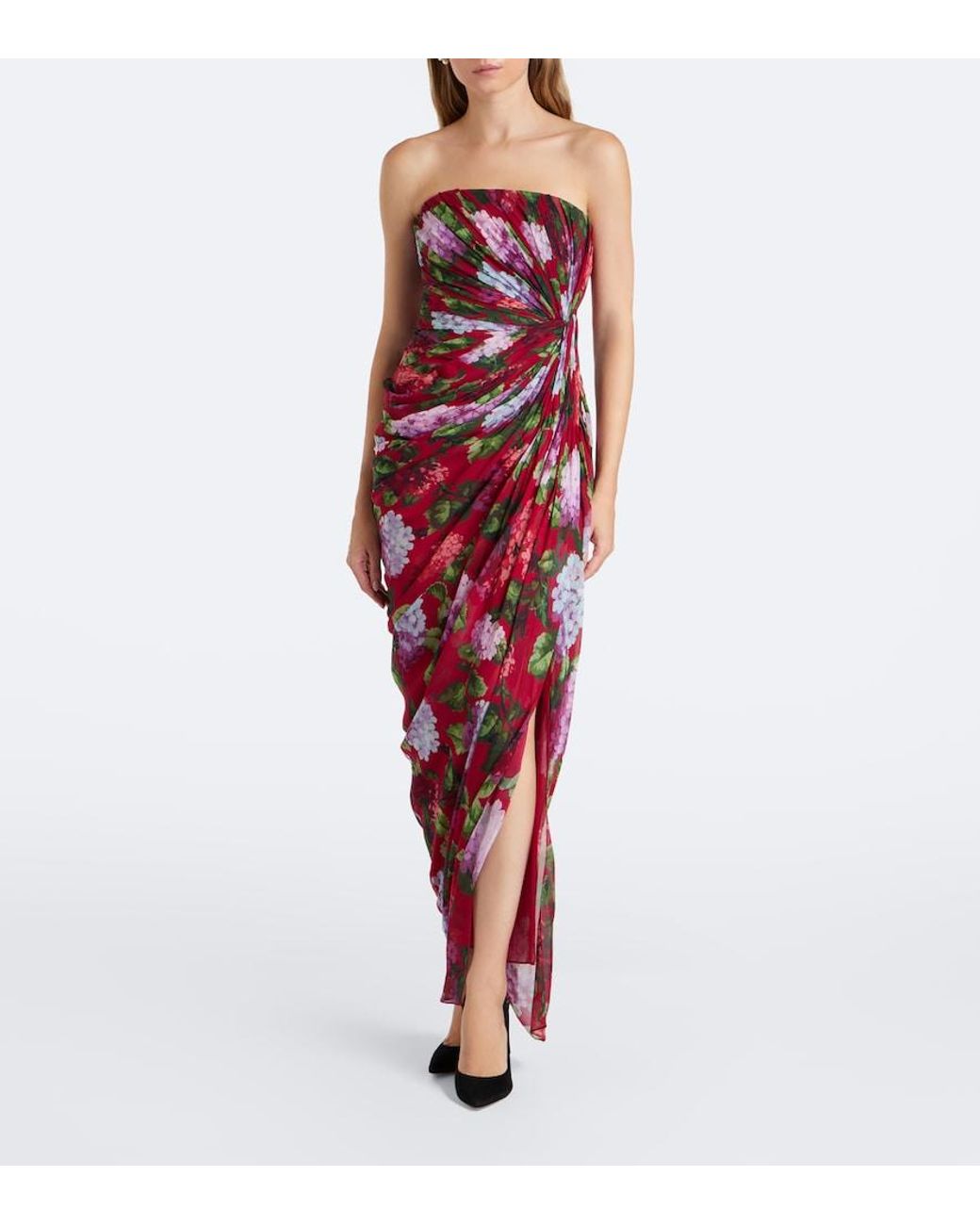 Carolina Herrera Red Floral Silk Chiffon Bustier Dress