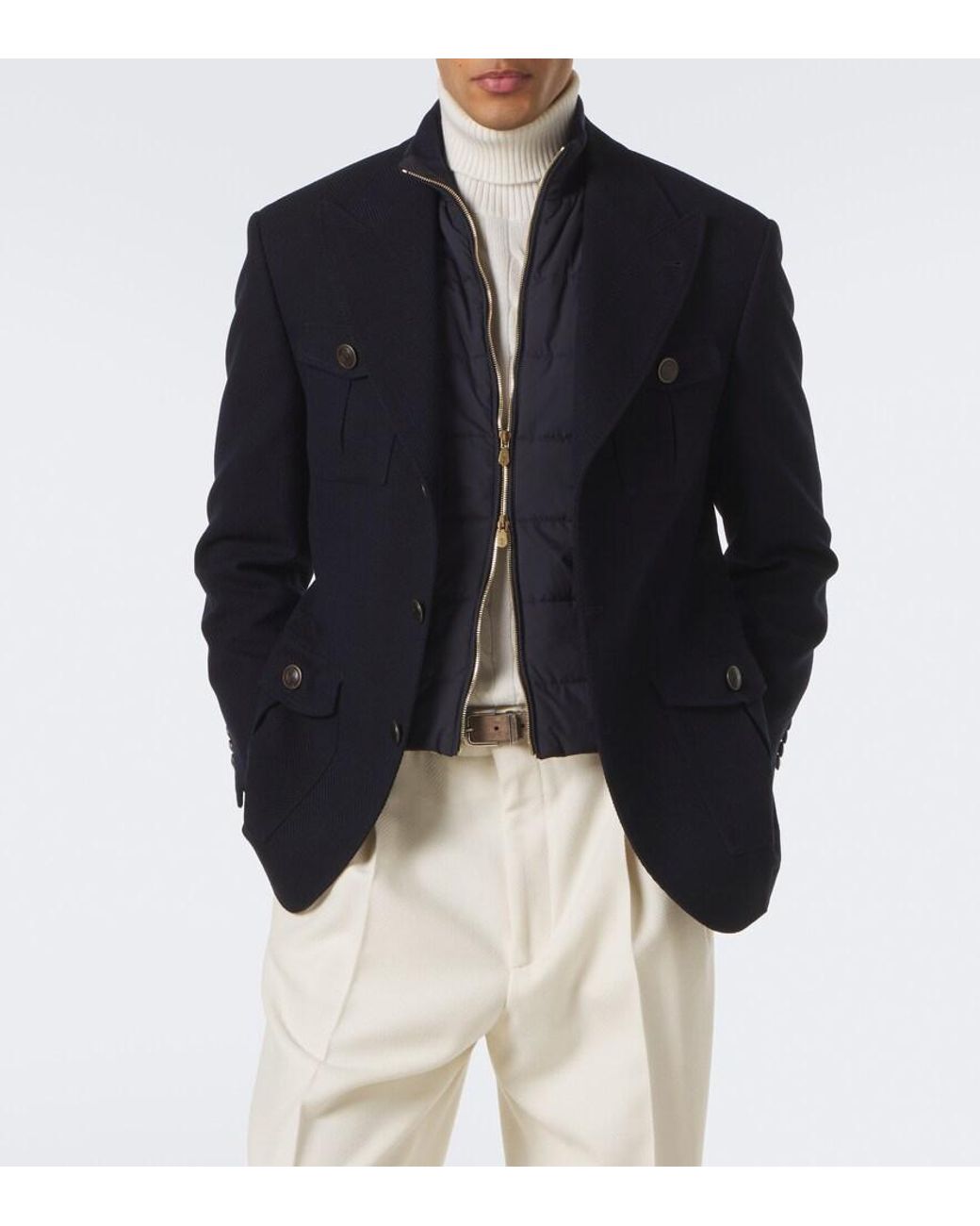 Brunello Cucinelli Blue Herringbone Layered Wool And Cotton Jacket for men