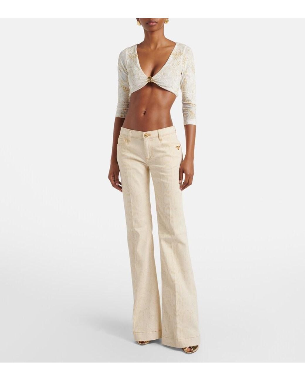 Roberto Cavalli Natural Snake-Print Flared Jeans