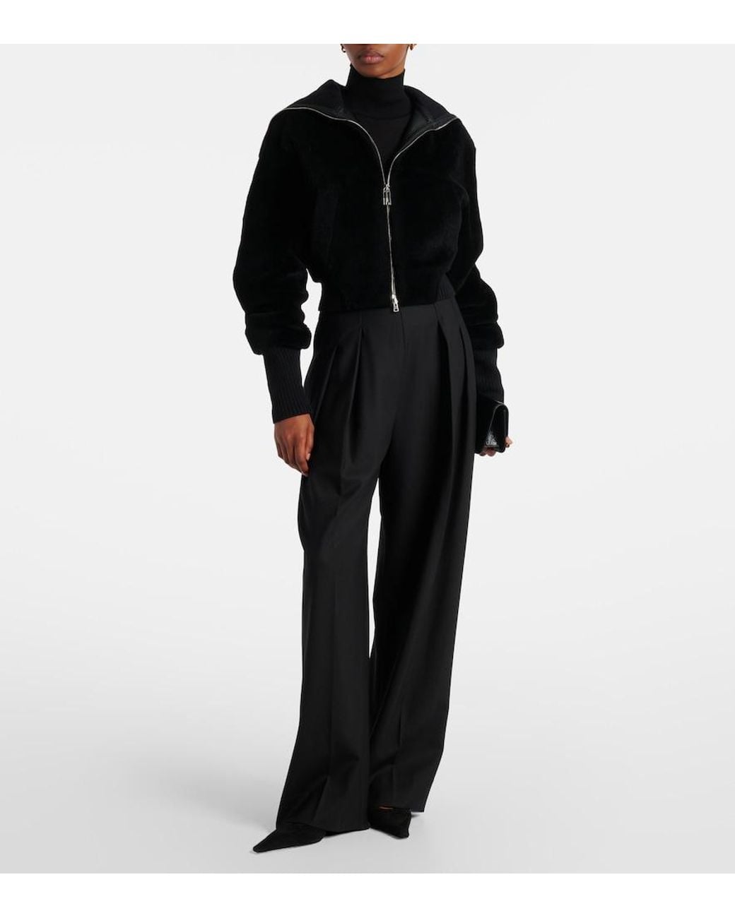 Victoria Beckham Black Shearling Bomber Jacket