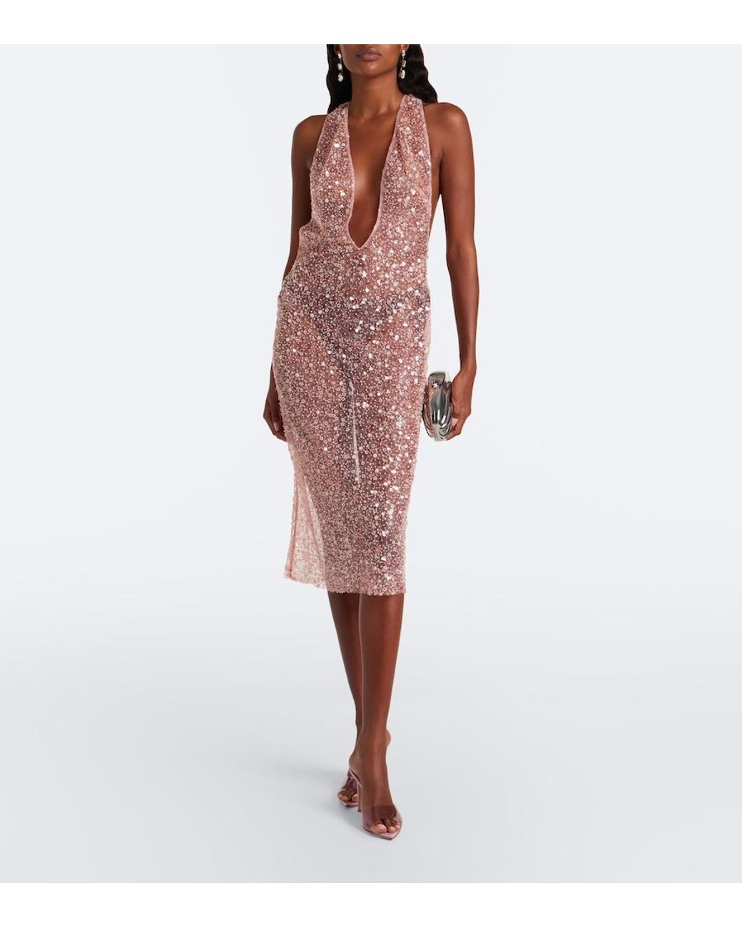 The New Arrivals Ilkyaz Ozel Pink Olympia Sequined Silk Midi Dress