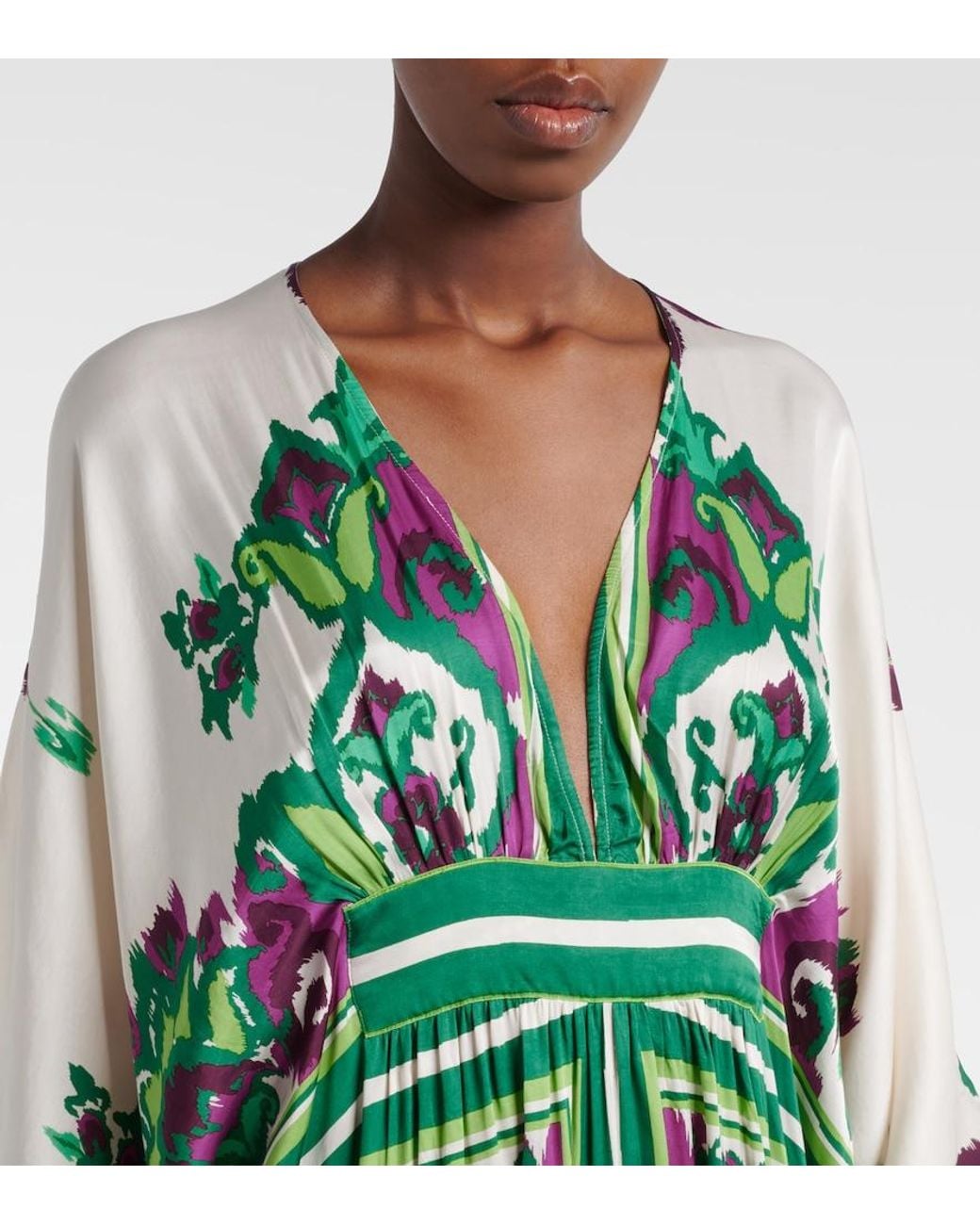 Poupette Green Sol Floral Satin Kaftan