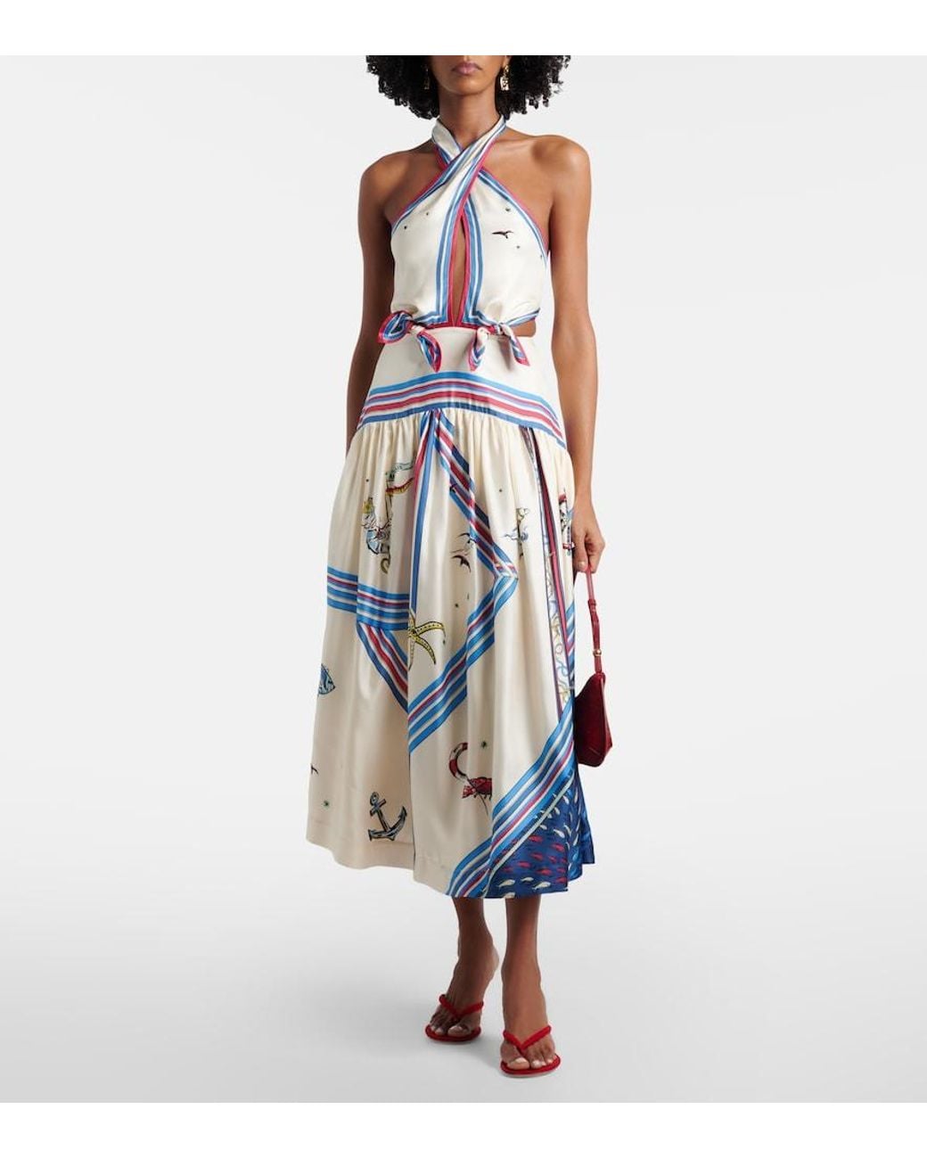 ALÉMAIS Blue Apollo Cutout Printed Silk Midi Dress