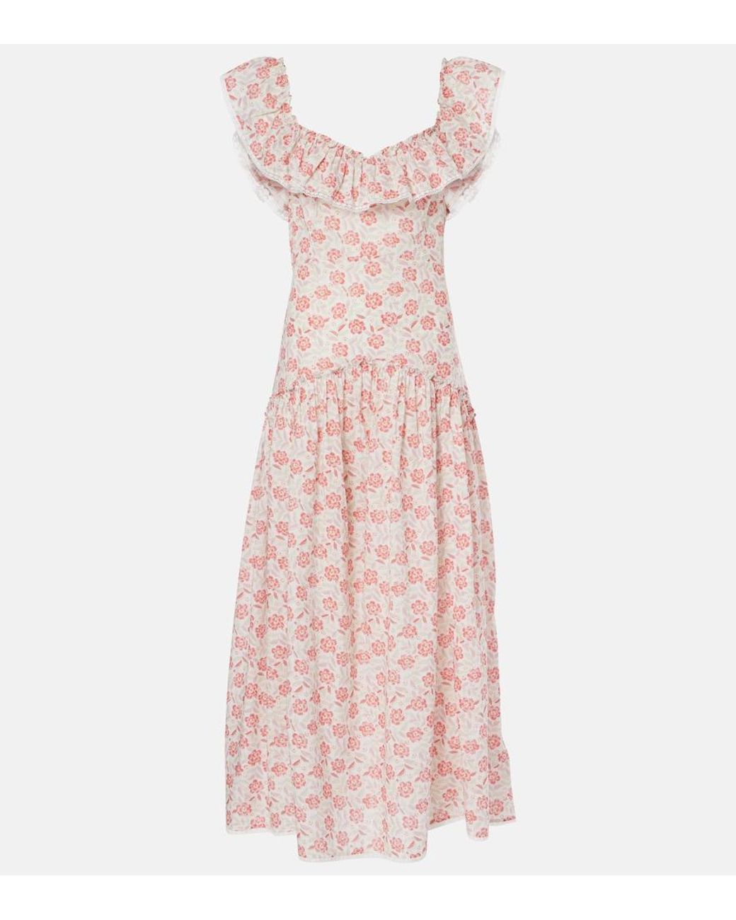 Rixo Pink Eugene Floral Ruffled Cotton Midi Dress