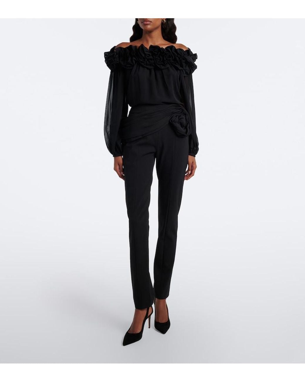 Carolina Herrera Black Floral-Applique Gathered Silk Top