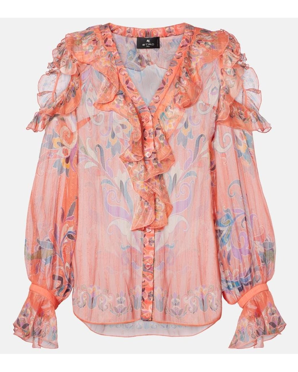 Etro Pink Printed Ruffled Silk Blouse