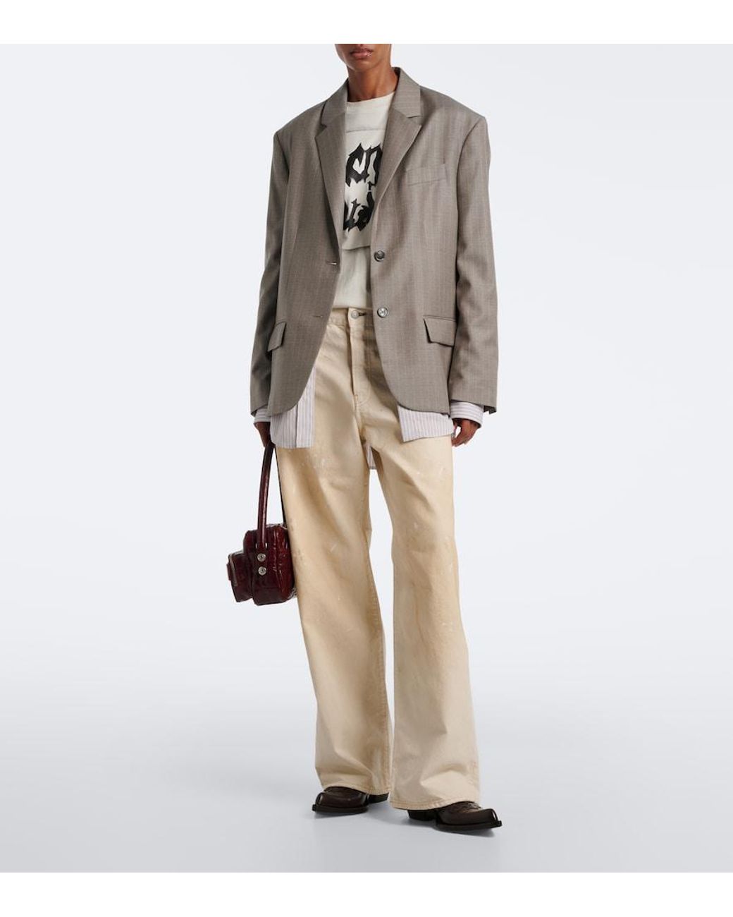 Acne Natural Distressed Leather-Trimmed Wide-Leg Jeans