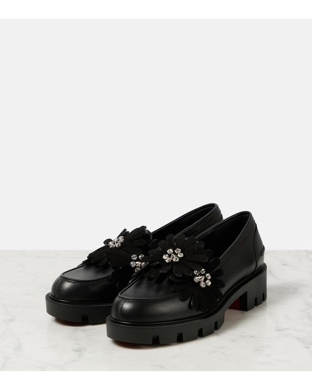 Christian Louboutin Black Flora Moc Embellished Leather Loafers