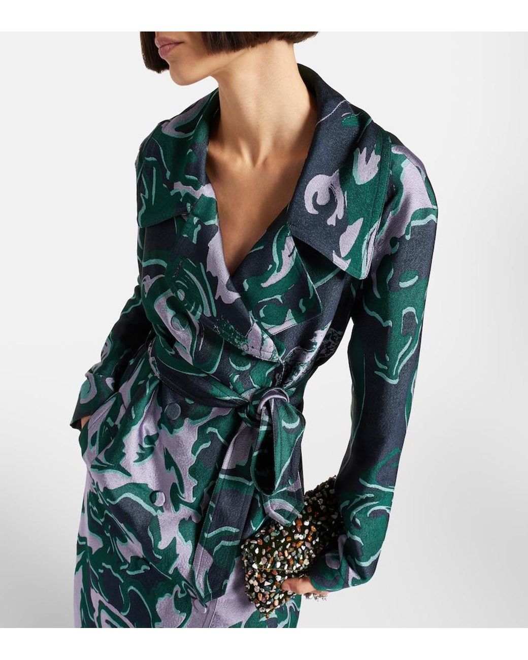 Dries Van Noten Green Printed Trench Coat