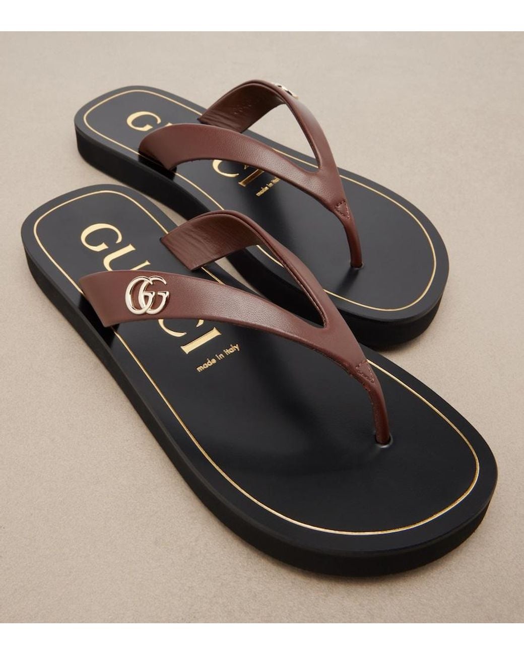 Gucci Brown Double G Leather Thong Sandals