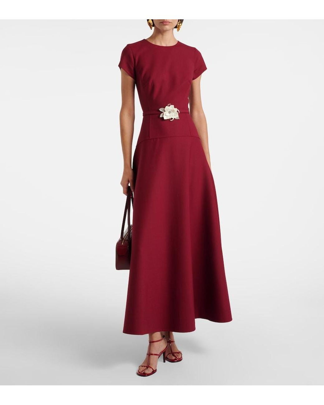 Oscar de la Renta Red Floral-Applique Wool-Blend Crepe Maxi Dress