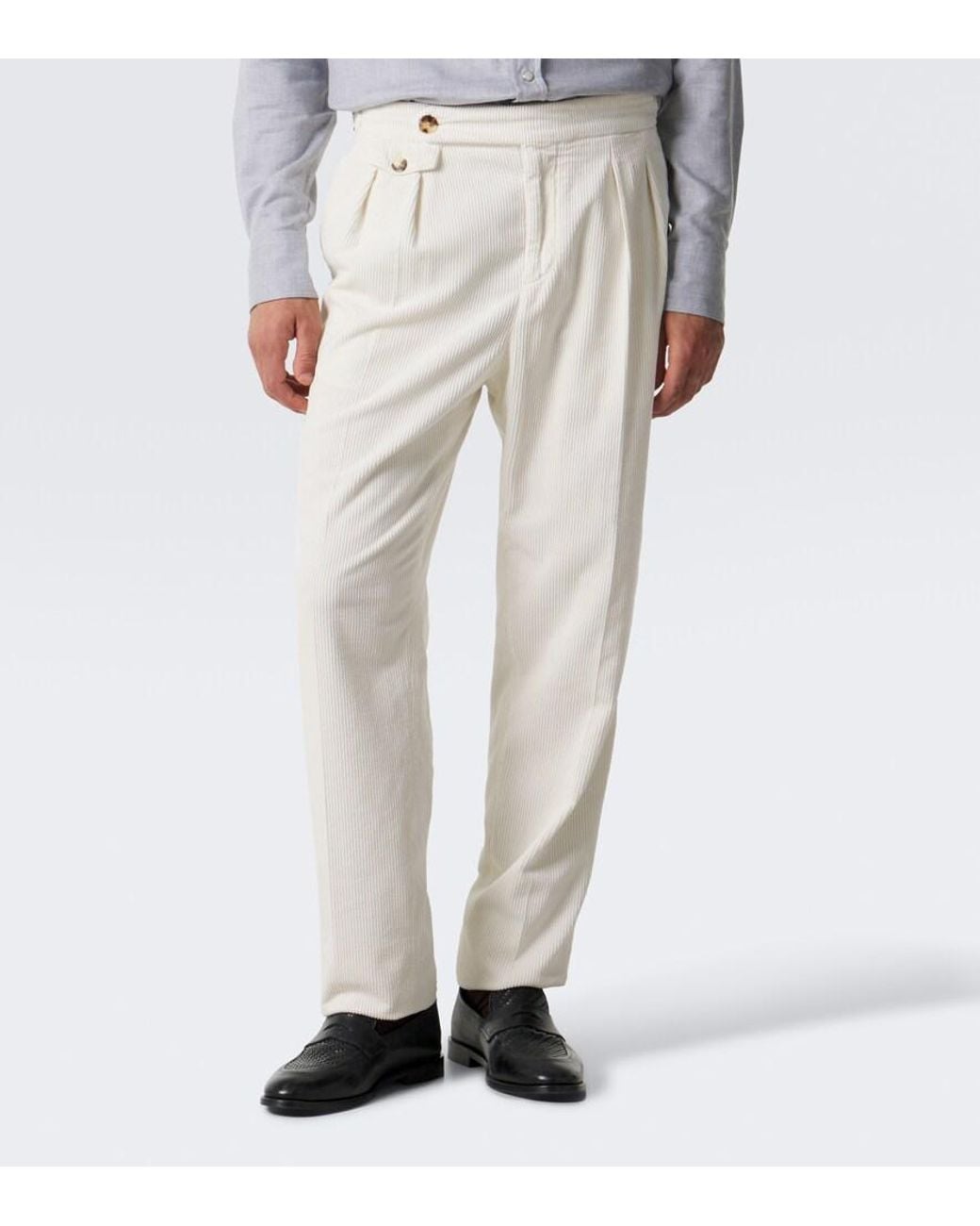 Brunello Cucinelli White Pleated Cotton Corduroy Straight Pants for men