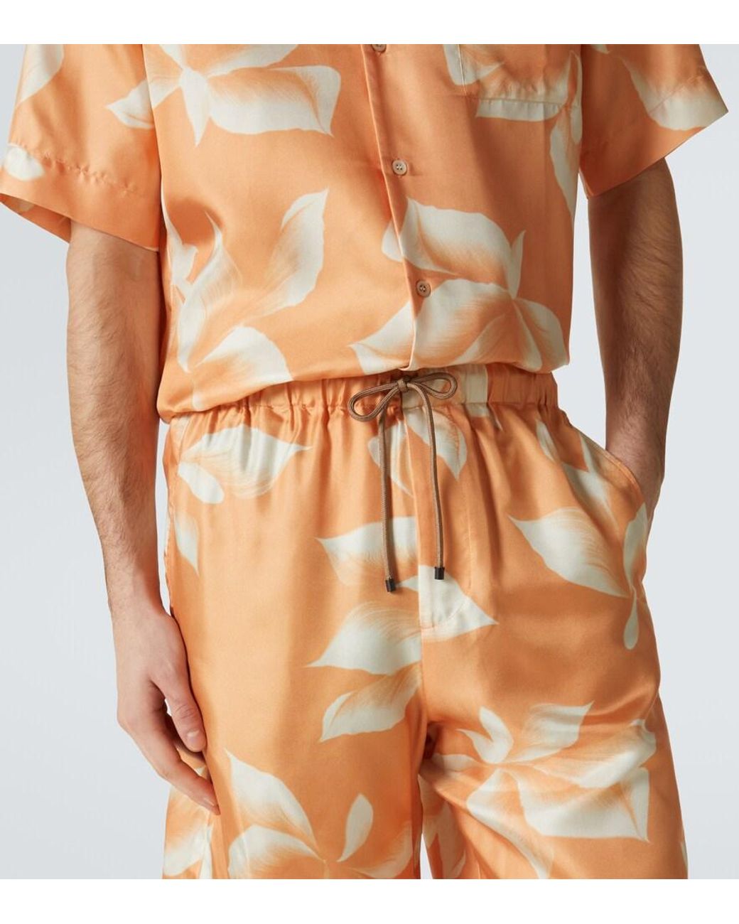 Dries Van Noten Orange Printed Silk Shorts for men