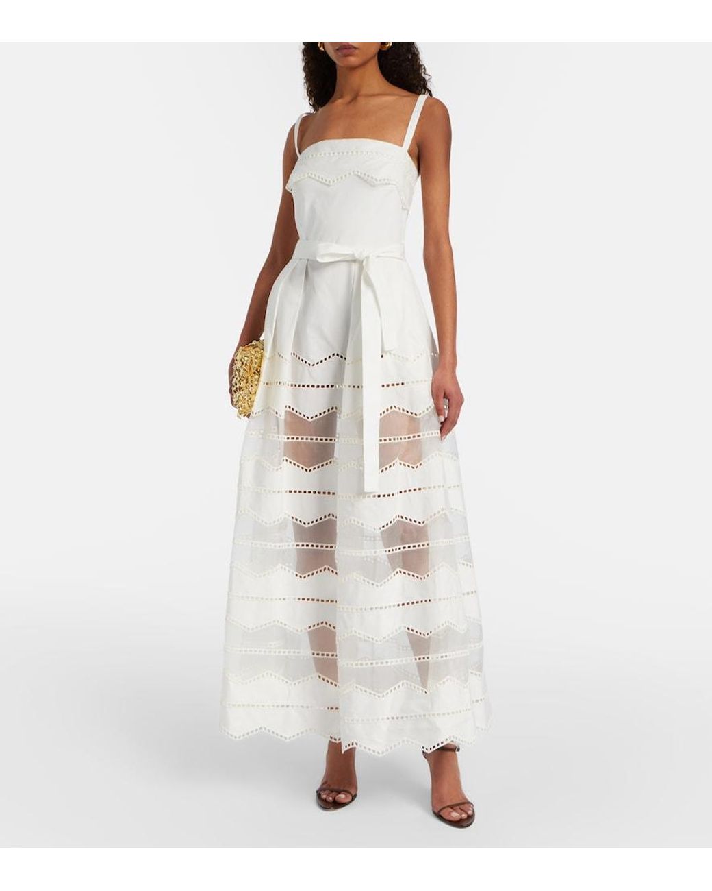 Elie Saab White Belted Organza-Trimmed Cotton Maxi Dress