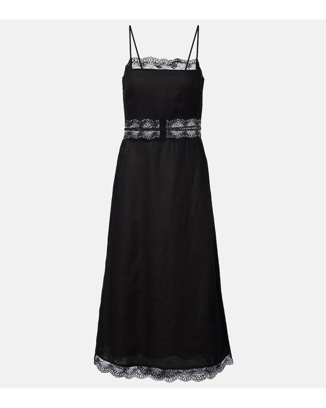 Staud Black Amalina Lace-Trimmed Linen Midi Dress