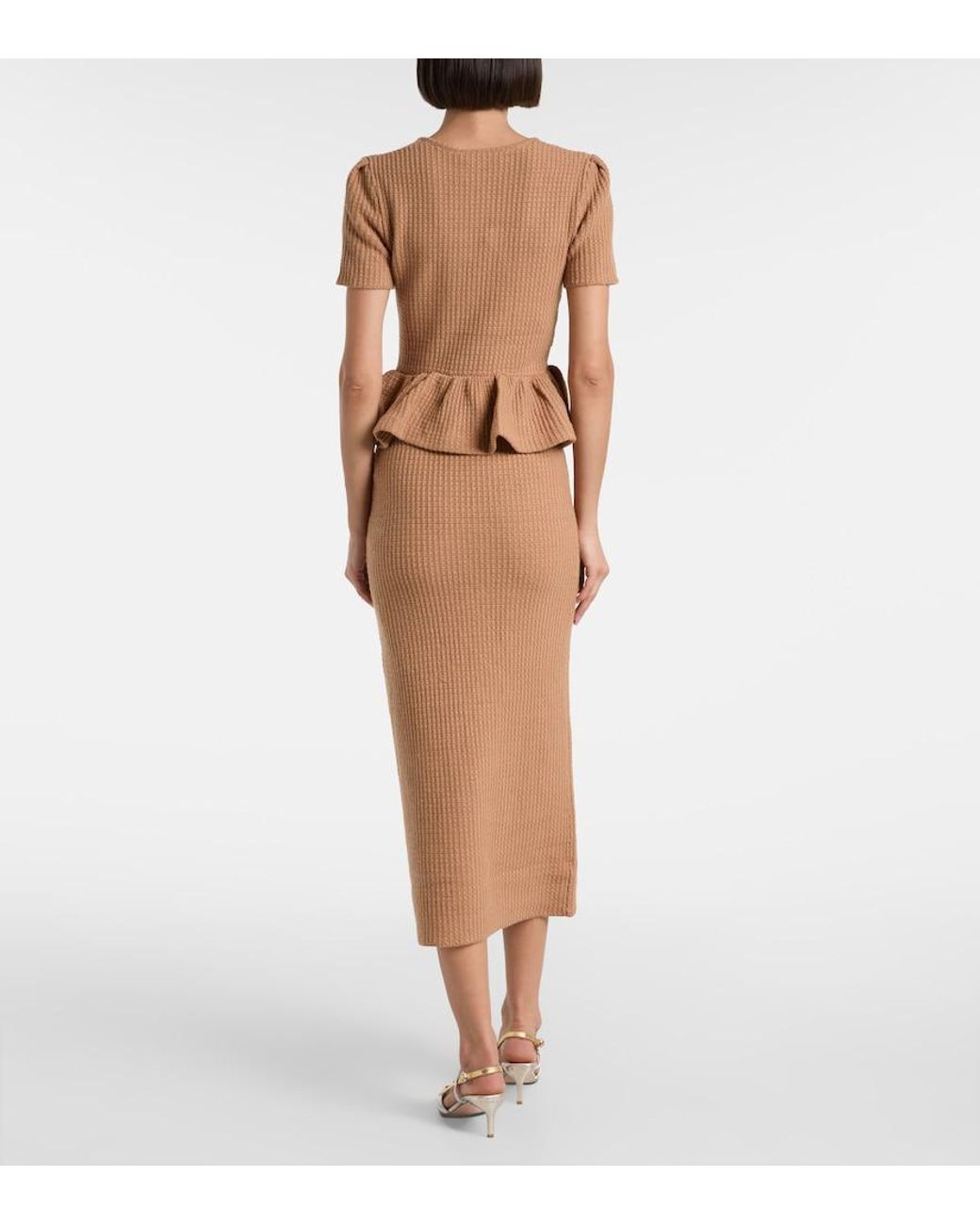 Self-Portrait Brown Peplum Waffle-Knit Midi Dress