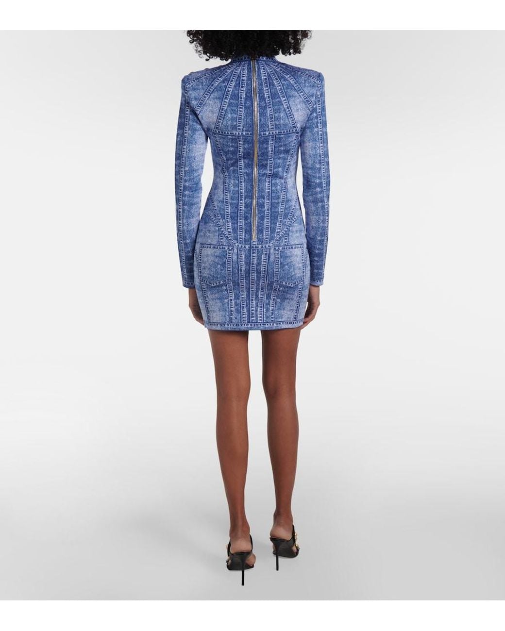 Balmain Blue Jacquard Denim-Effect Mini Dress