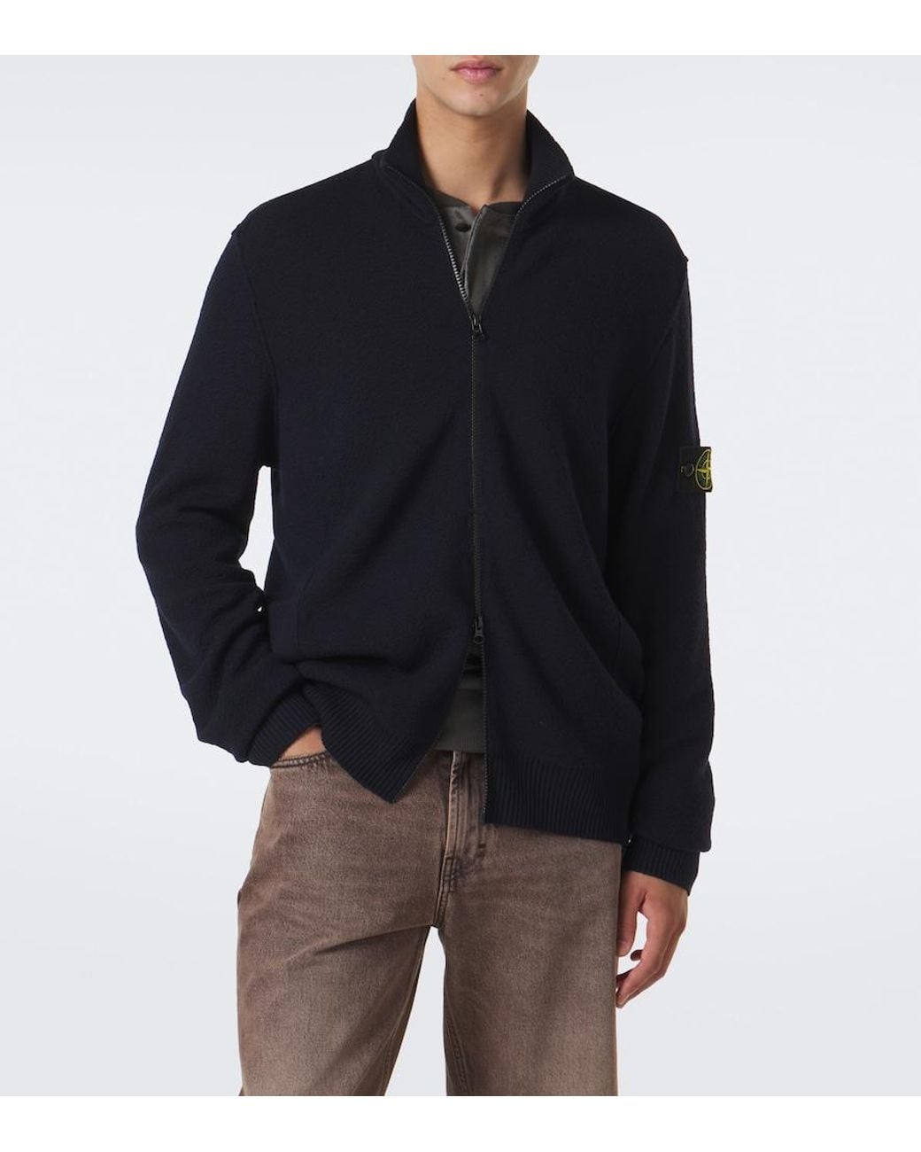 Stone Island Blue Compass Badge Virgin Wool Zip-Up Cardigan for men