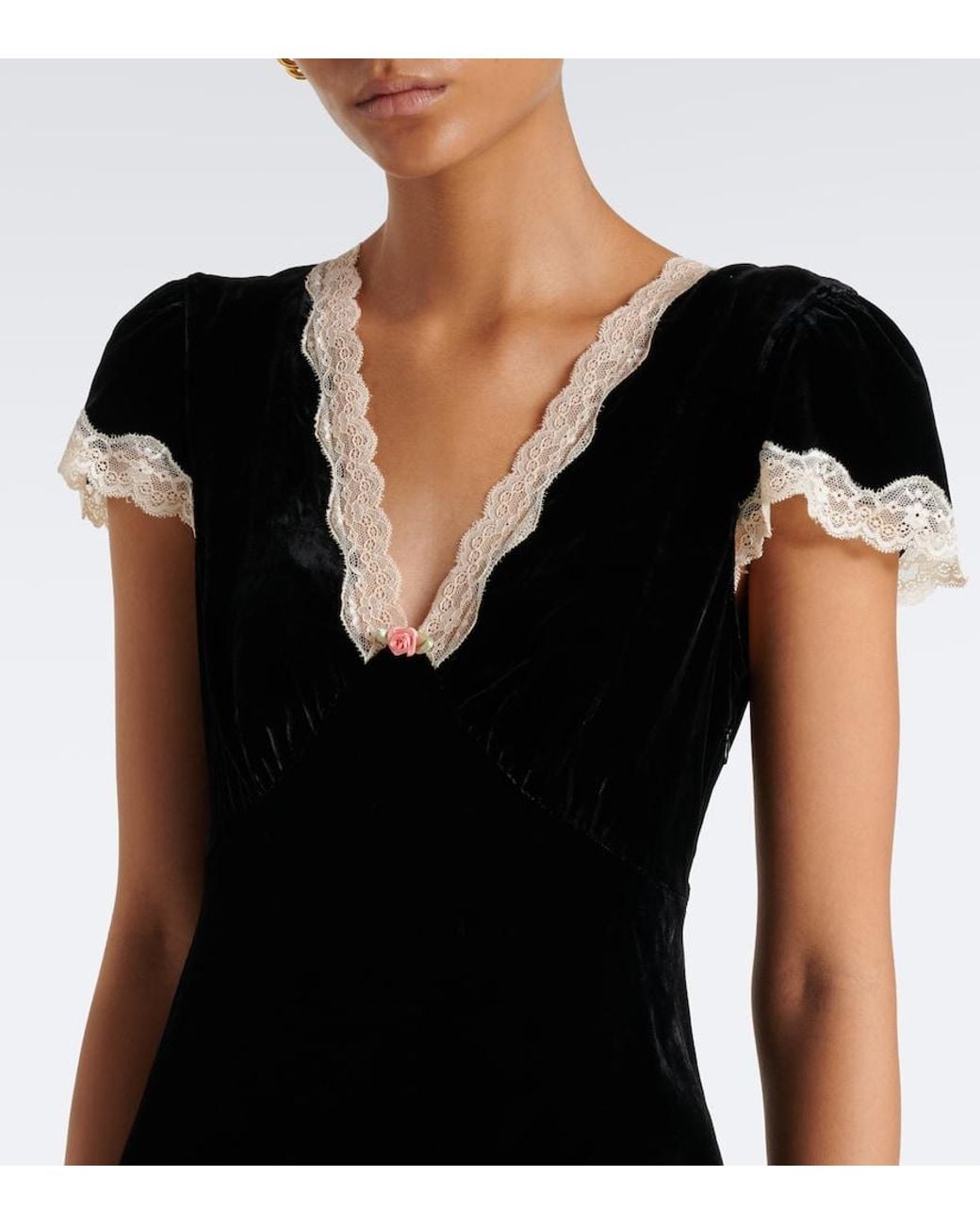 Rixo Black Clarice Lace-Trimmed Velvet Midi Dress