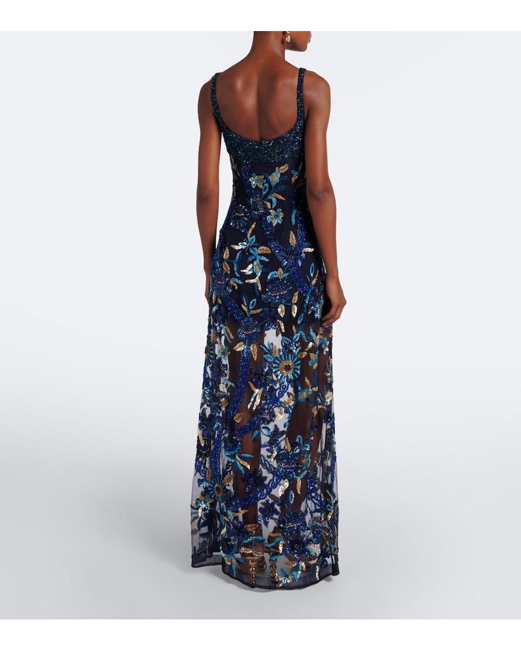La Fuori Blue Embellished Floral Mesh Gown