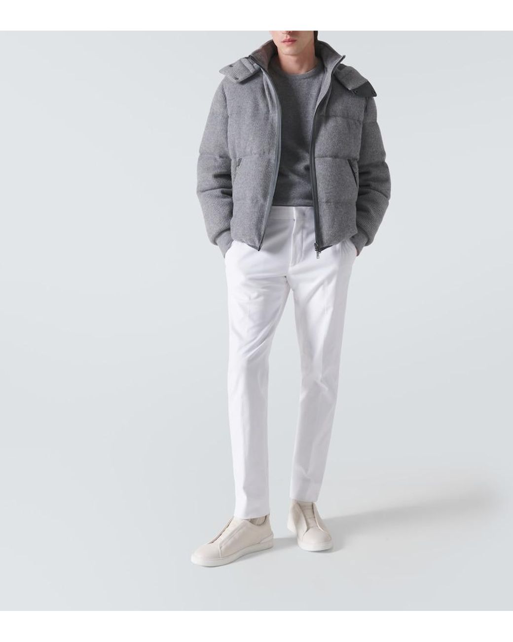 Zegna Gray Ribbed-Knit Cashmere-Blend Down Jacket for men