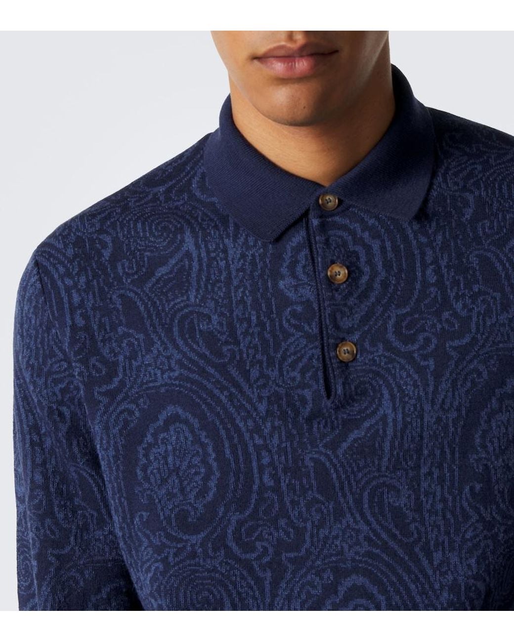 Etro Blue Paisley Wool-Blend Polo Sweater for men