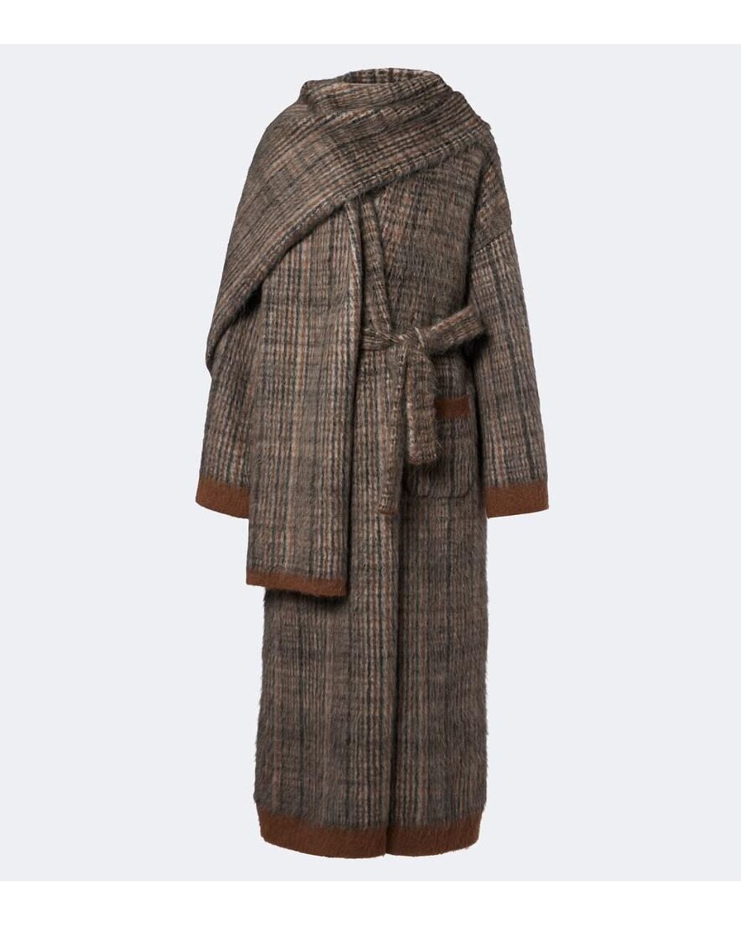 Brunello Cucinelli Brown Checked Scarf-Detail Mohair-Blend Wrap Coat