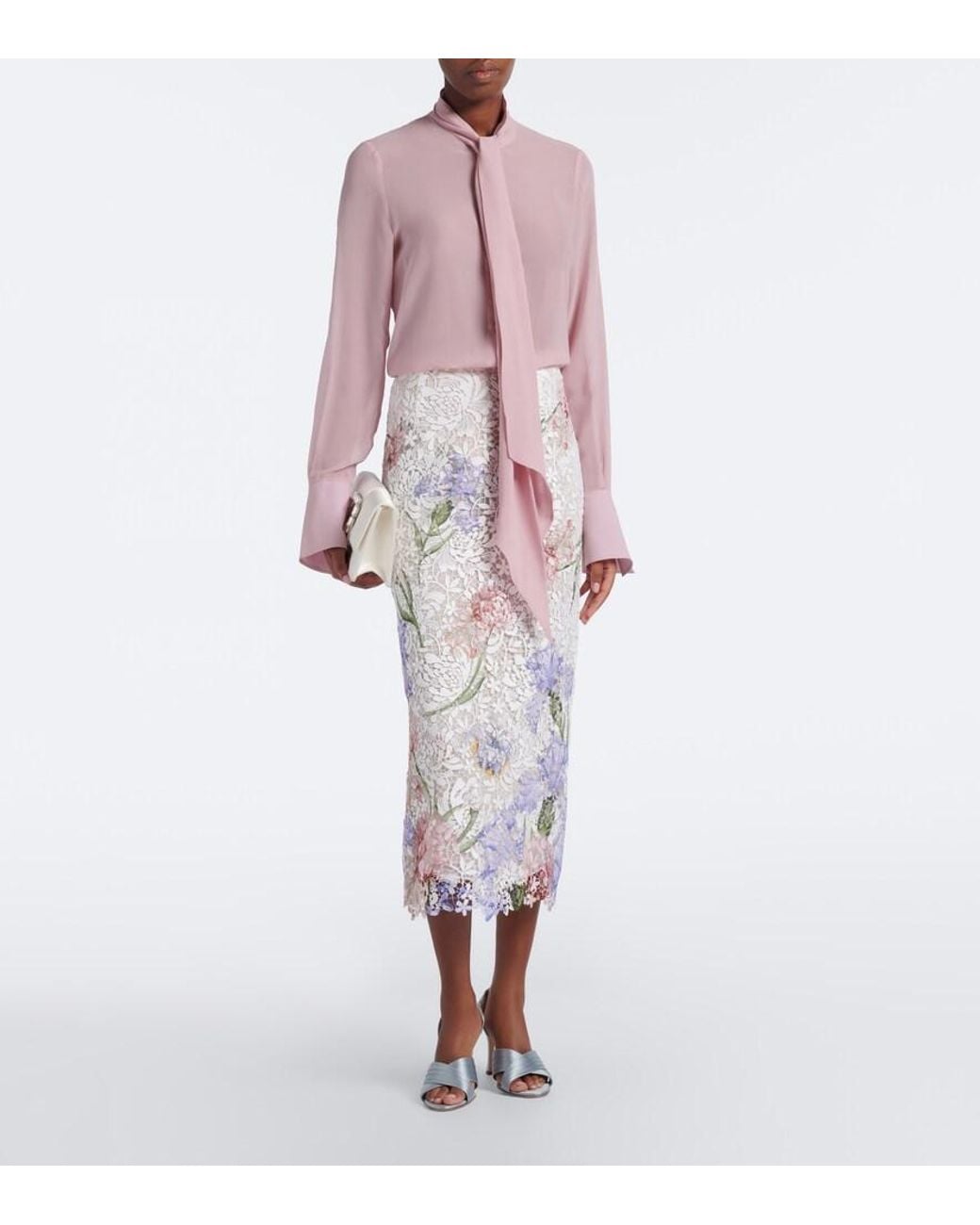 Oscar de la Renta White Floral Guipure Lace Midi Skirt