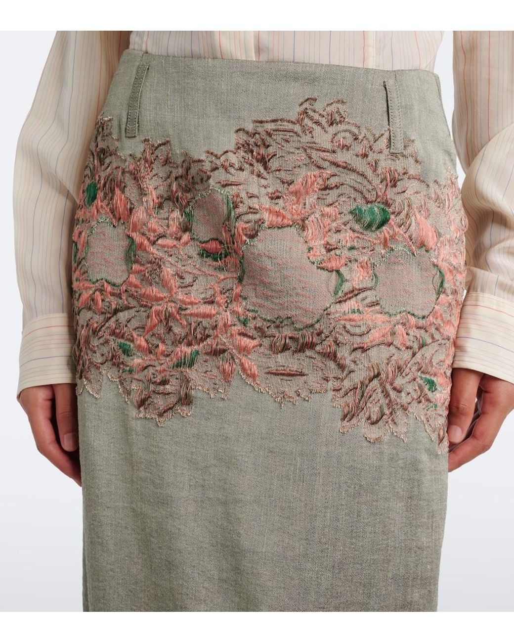 Dries Van Noten Gray Embroidered Linen And Cotton-Blend Midi Skirt