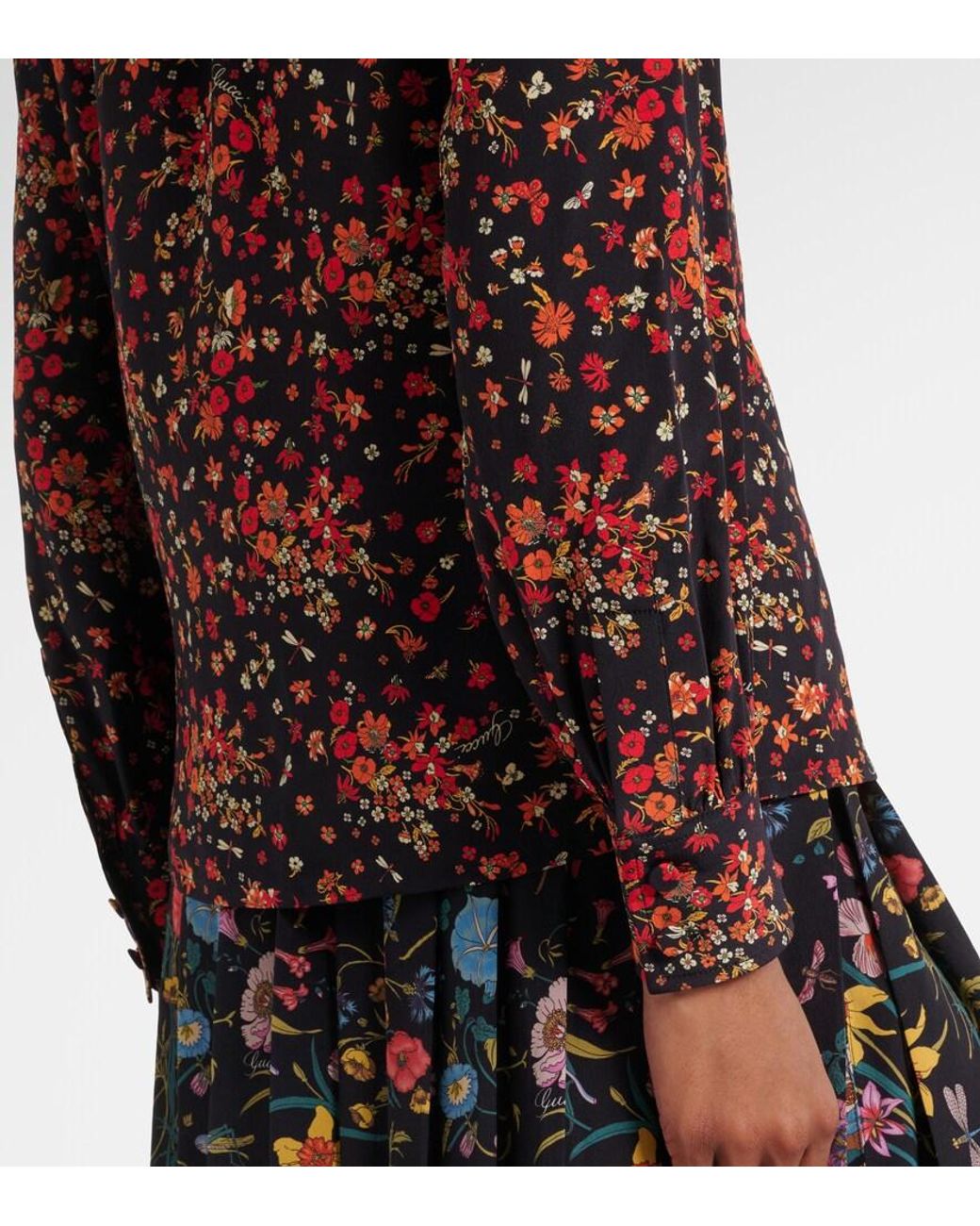 Gucci Red Bow-Detail Floral Silk Blouse