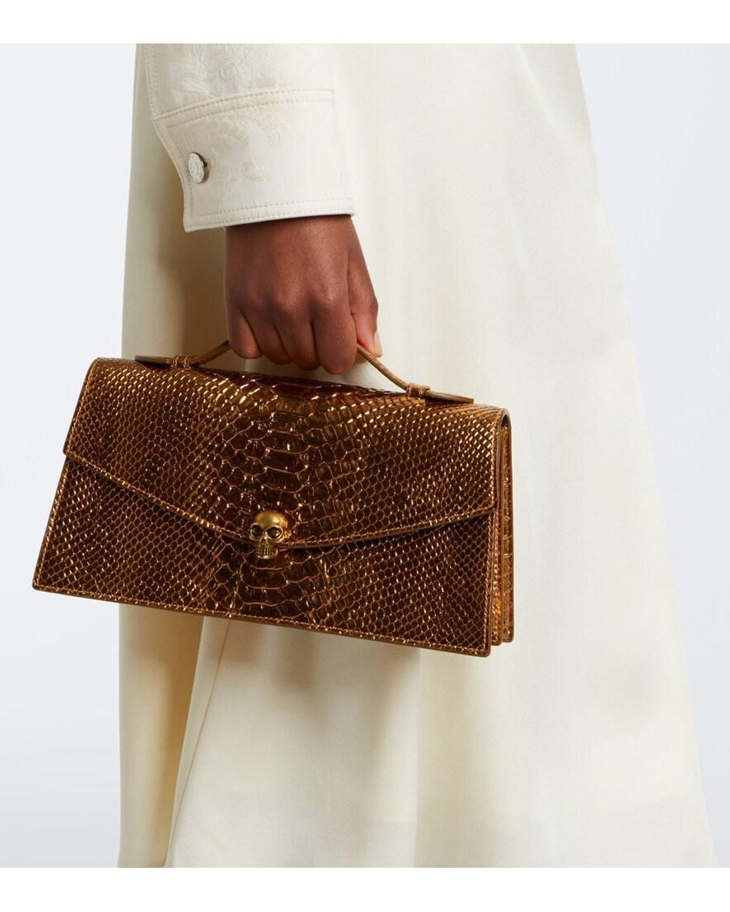 McQueen Brown Skull Snake-Effect Leather Top-Handle Bag