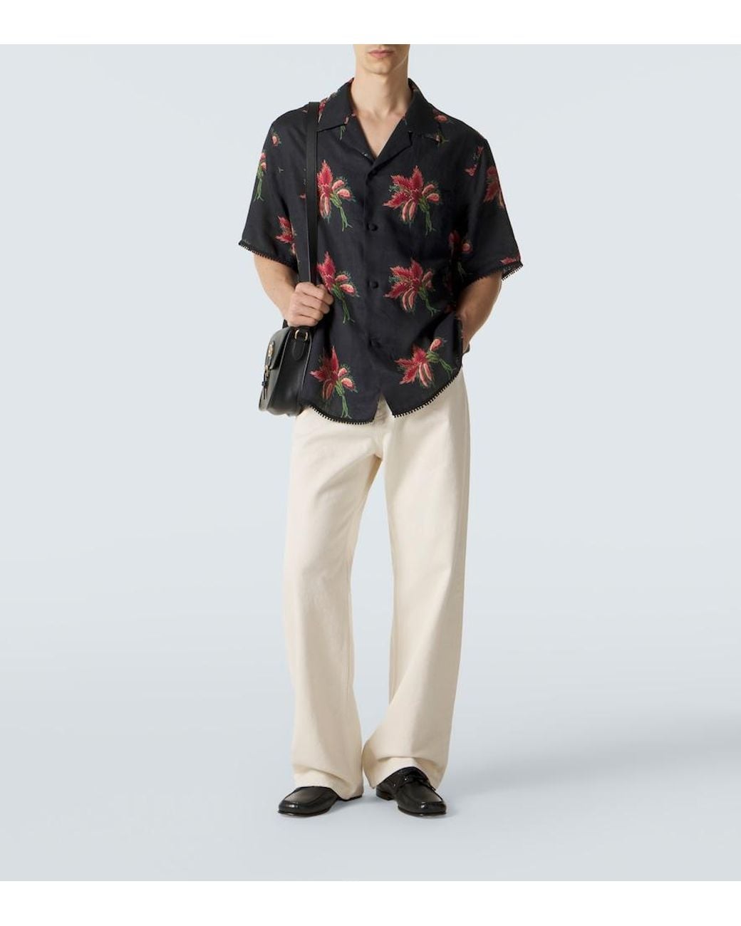 Valentino Garavani Black Floral Lace-Trimmed Linen Bowling Shirt for men
