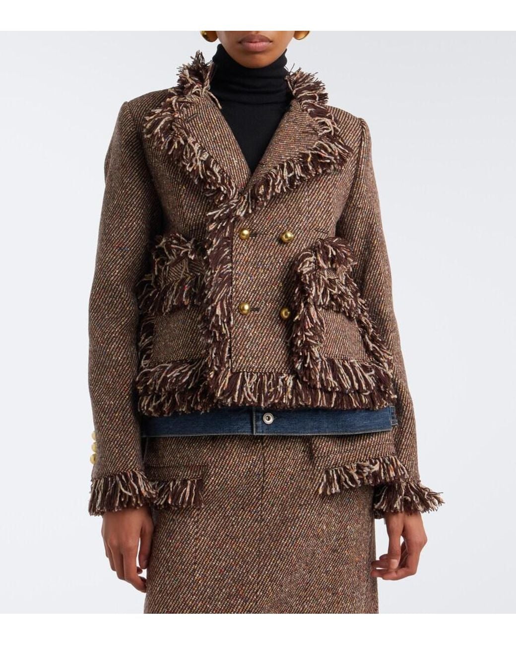 Sacai Brown Fringed Tweed And Denim Jacket