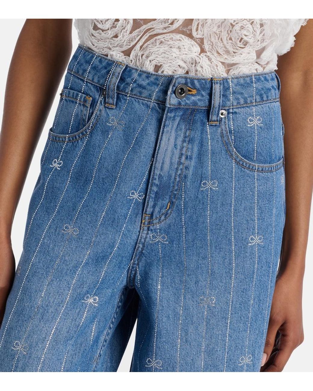 Self-Portrait Blue Striped Wide-Leg Jeans