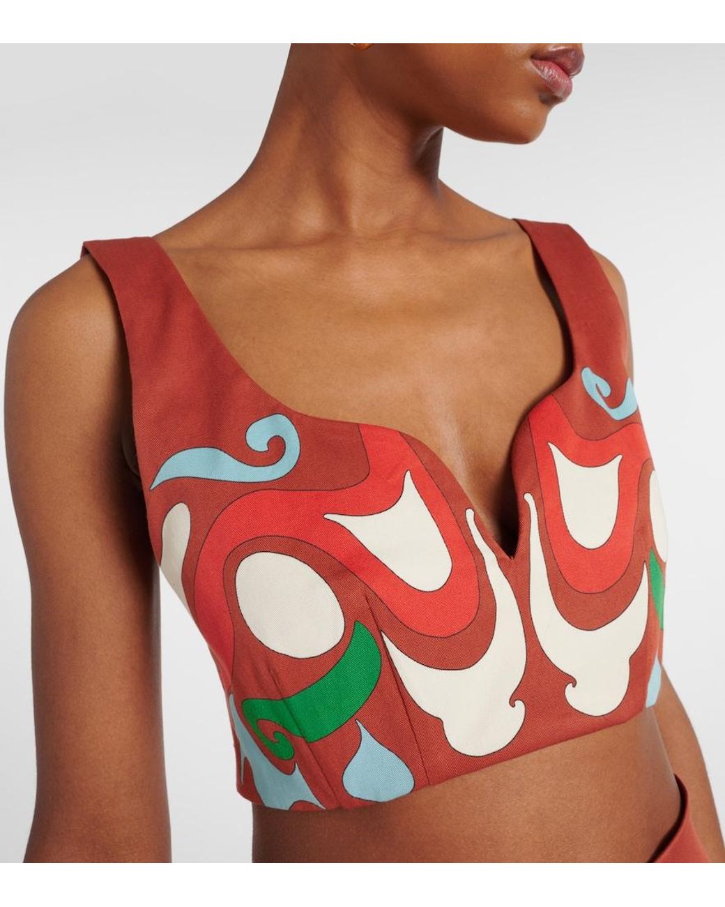 LaDoubleJ Red Baia Printed Cotton-Blend Crop Top