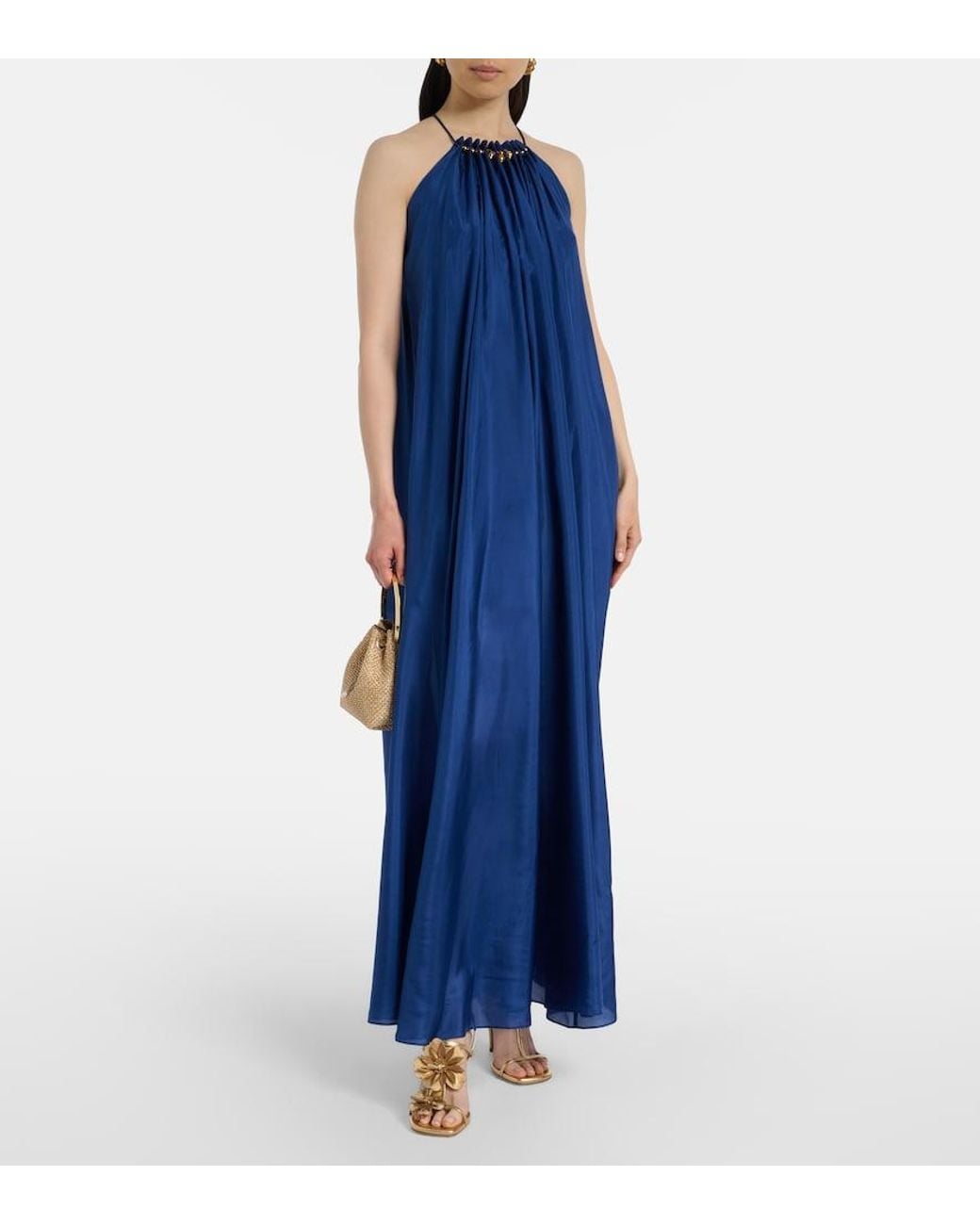 Zimmermann Blue Aster Beaded Halterneck Silk Maxi Dress