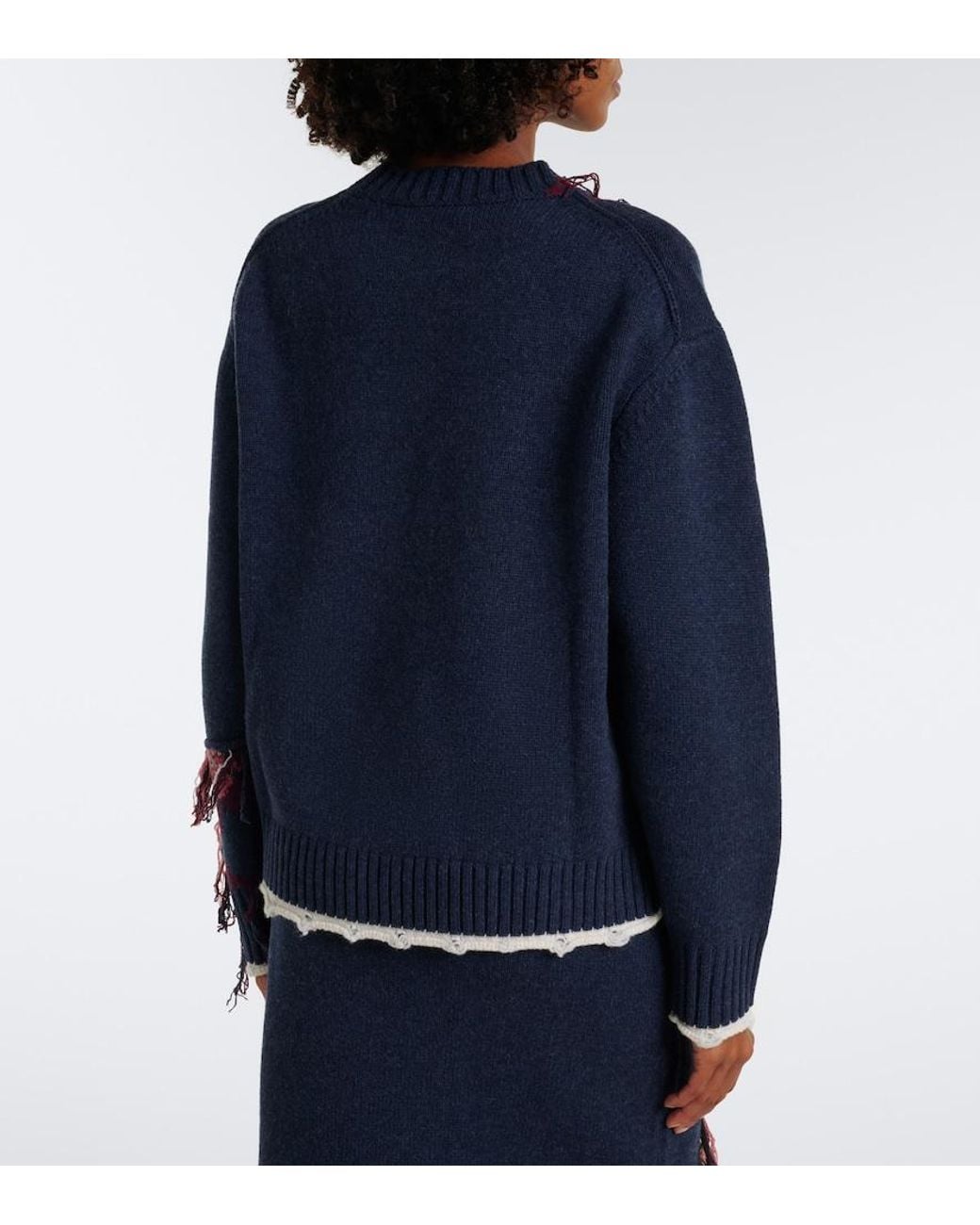 Erdem Blue Fringed Intarsia Wool Sweater