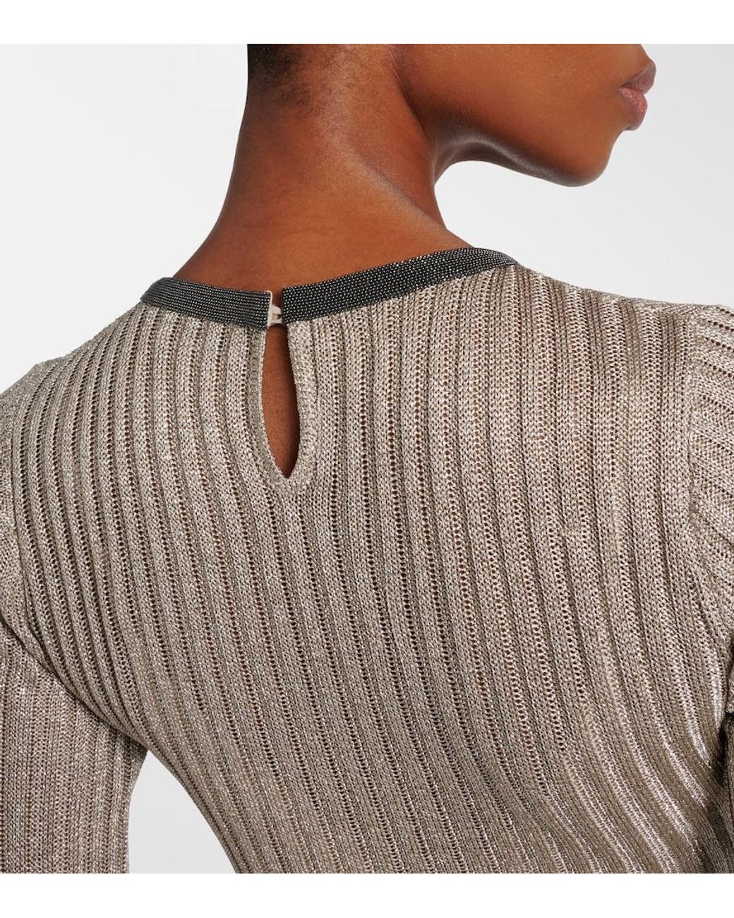 Brunello Cucinelli Gray Monili Ribbed-Knit Lame Maxi Dress