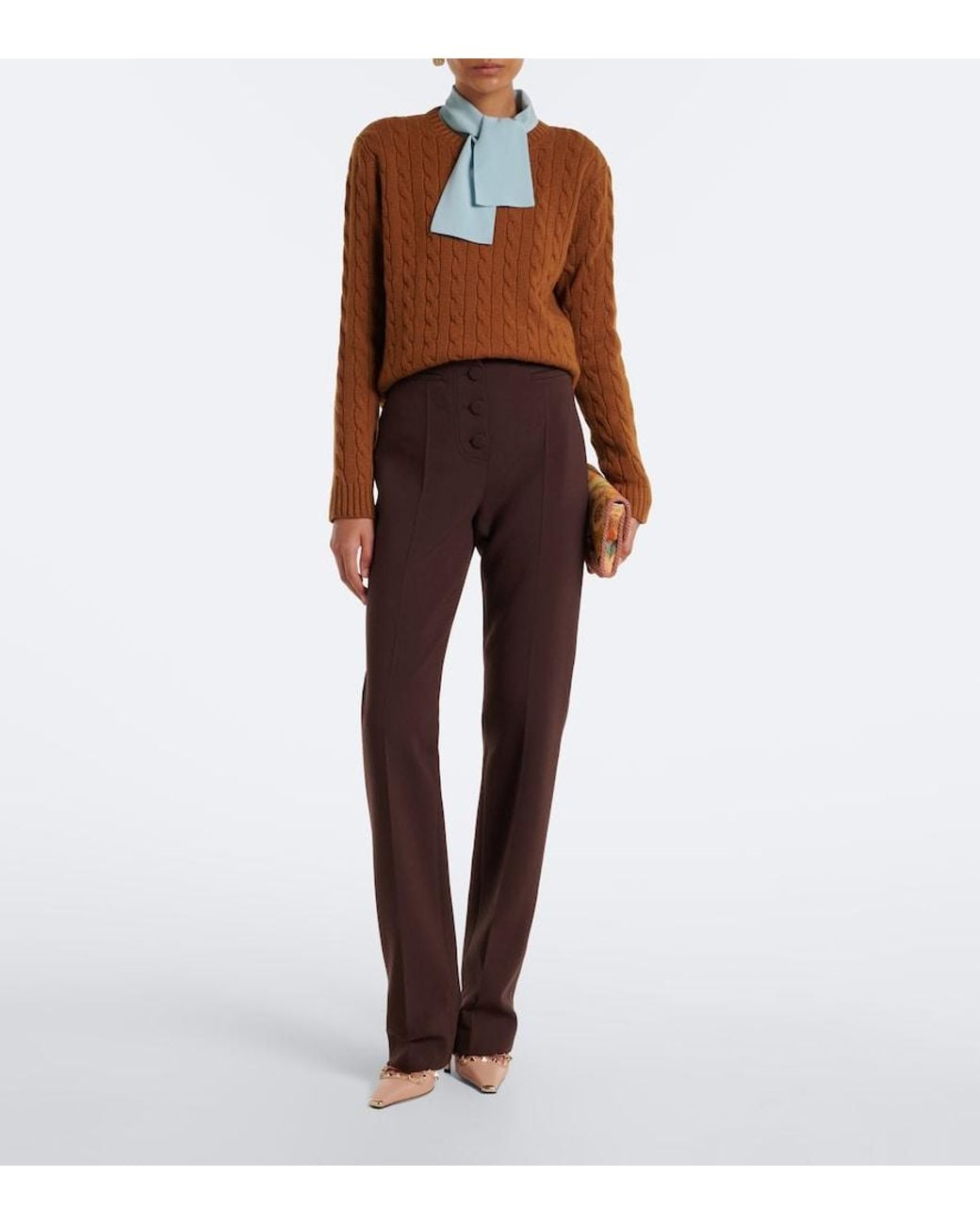 Valentino Garavani Brown Vlogo Cable-Knit Cashmere Sweater