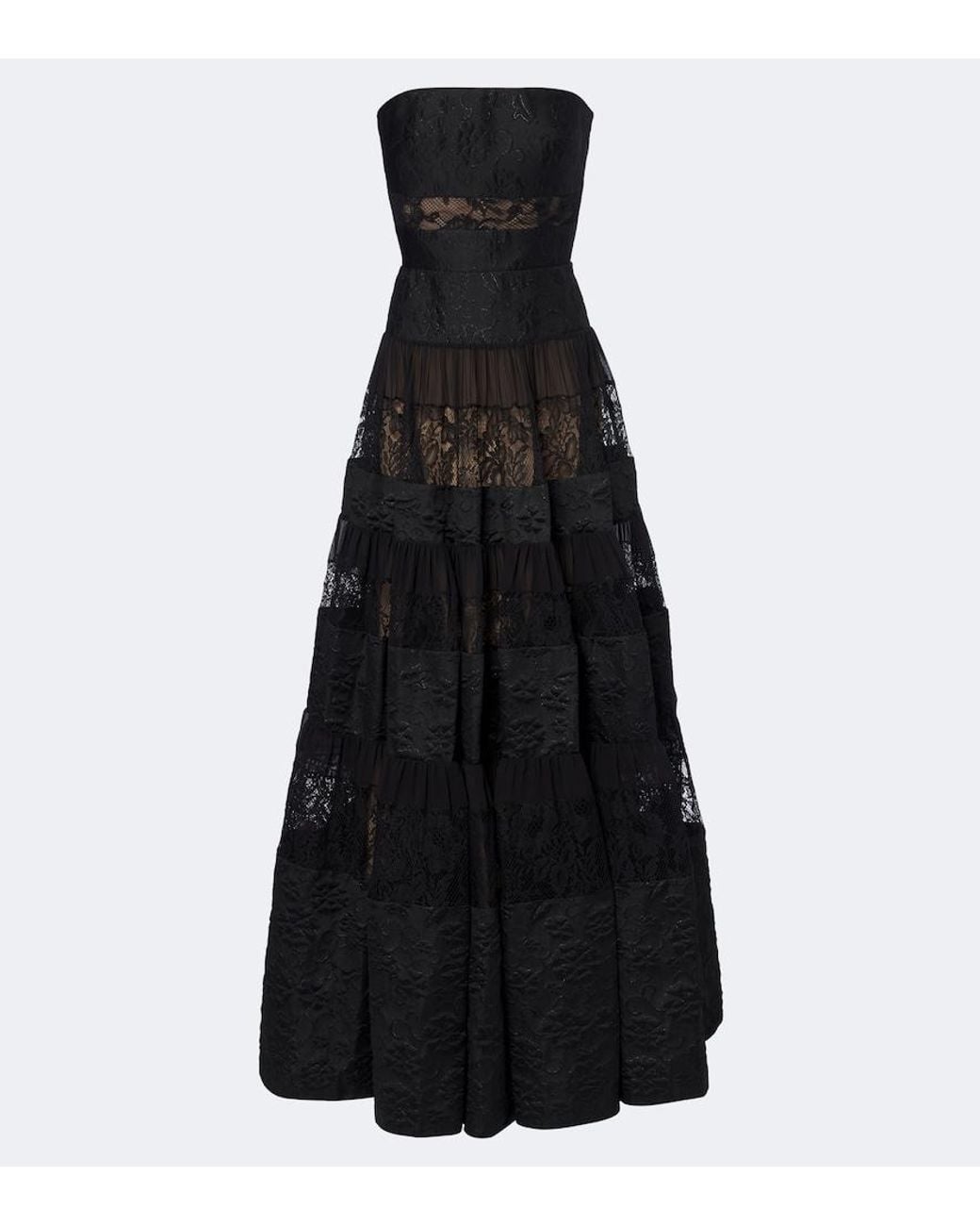 Elie Saab Black Lace-Trimmed Floral Jacquard Gown