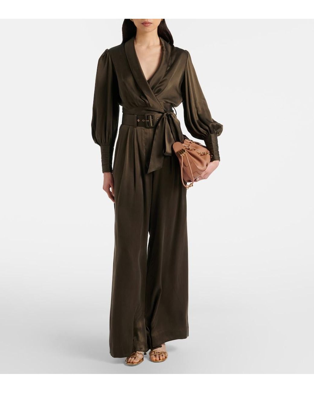 Zimmermann Brown Belted Silk Wide-Leg Pants