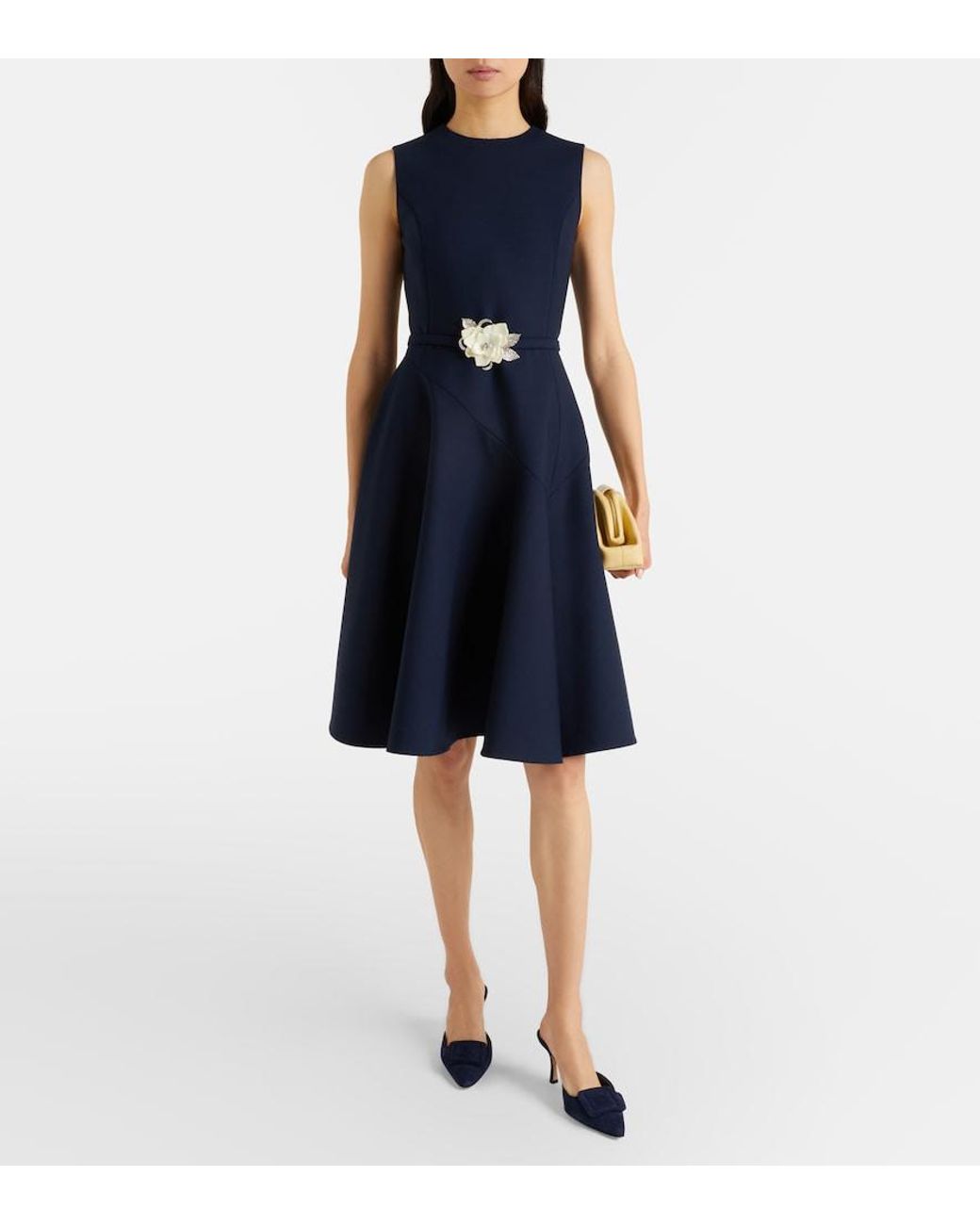 Oscar de la Renta Blue Belted Wool-Blend Midi Dress