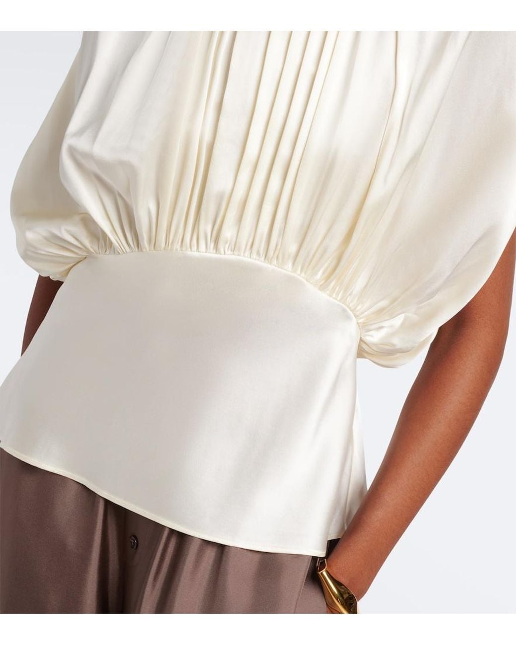 TOVE White Peta Draped Peplum Silk Satin Top