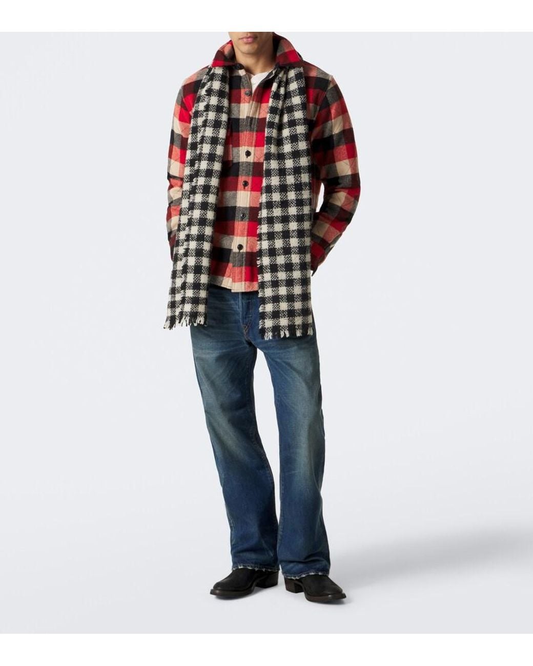 RRL Black Fringed Gingham Wool Scarf for men